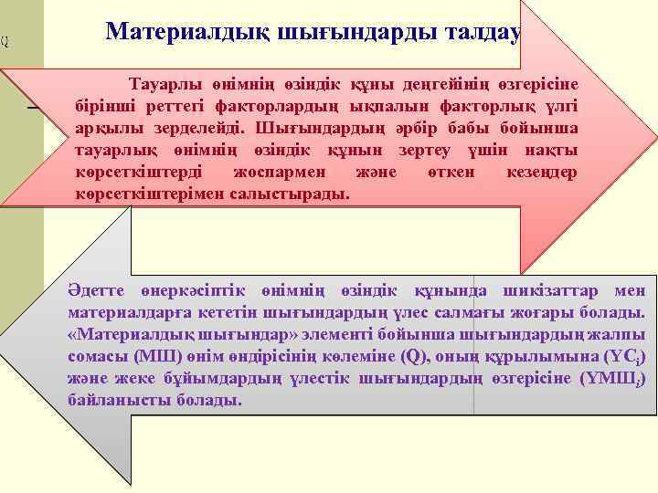 Материалдық шығындарды талдау Тауарлы өнімнің өзіндік құны деңгейінің өзгерісіне бірінші реттегі факторлардың ықпалын факторлық