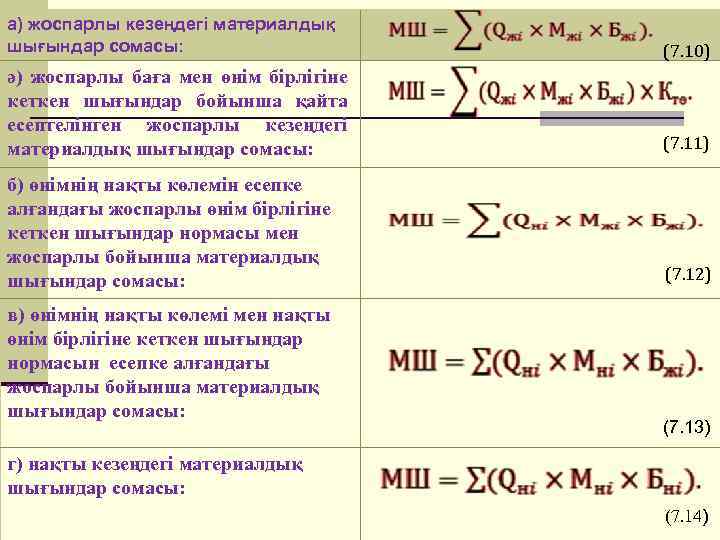 а) жоспарлы кезеңдегі материалдық шығындар сомасы: (7. 10) ә) жоспарлы баға мен өнім бірлігіне