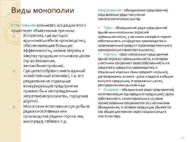 Виды монополии Естественная возникает, когда для этого существует объективные причины: 1) В отраслях, где