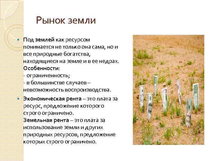 Рынок земли Под землей как ресурсом понимается не только она сама, но и все