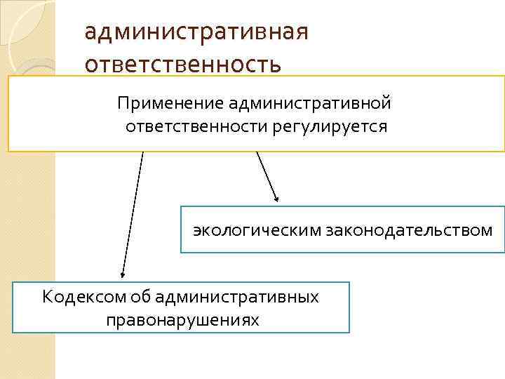 административная ответственность Применение административной ответственности регулируется экологическим законодательством Кодексом об административных правонарушениях 