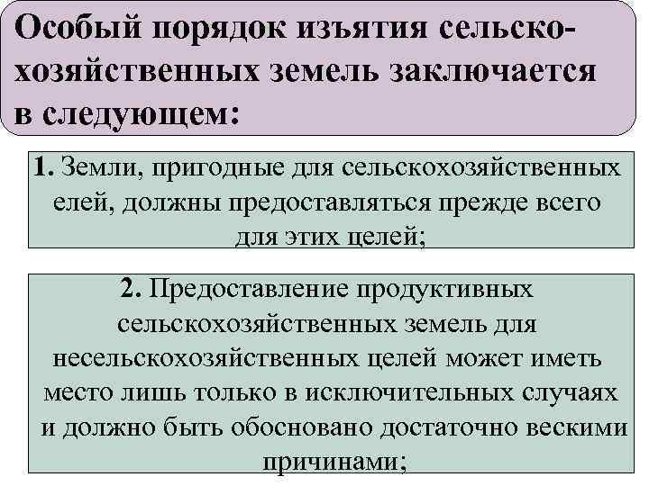 Особый порядок изъятия сельскохозяйственных земель заключается в следующем: 1. Земли, пригодные для сельскохозяйственных елей,