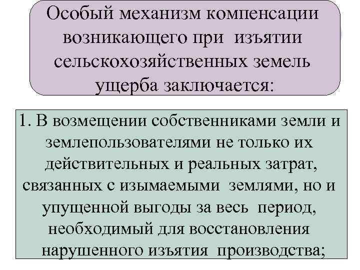 Особый механизм компенсации возникающего при изъятии сельскохозяйственных земель ущерба заключается: 1. В возмещении собственниками