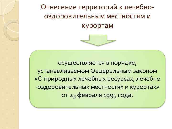 Отнесение территорий к лечебнооздоровительным местностям и курортам осуществляется в порядке, устанавливаемом Федеральным законом «О