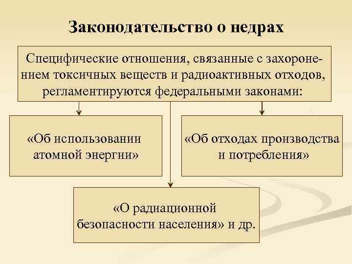 Законодательство о недрах Специфические отношения, связанные с захоронением токсичных веществ и радиоактивных отходов, регламентируются