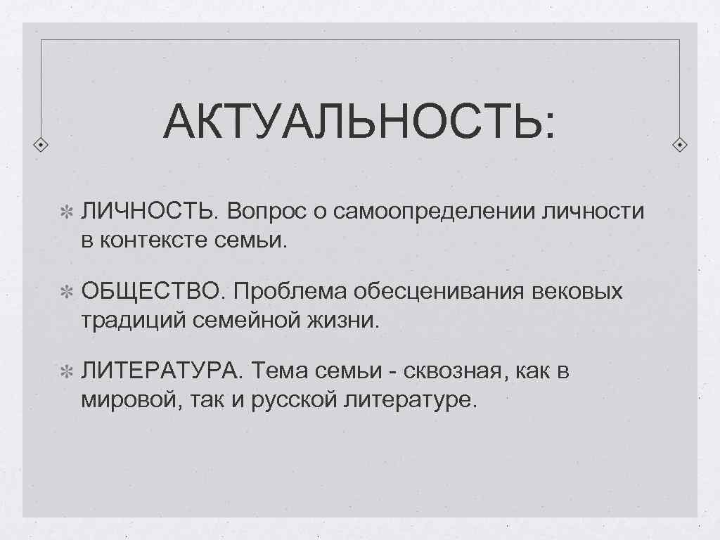 АКТУАЛЬНОСТЬ: ЛИЧНОСТЬ. Вопрос о самоопределении личности в контексте семьи. ОБЩЕСТВО. Проблема обесценивания вековых традиций