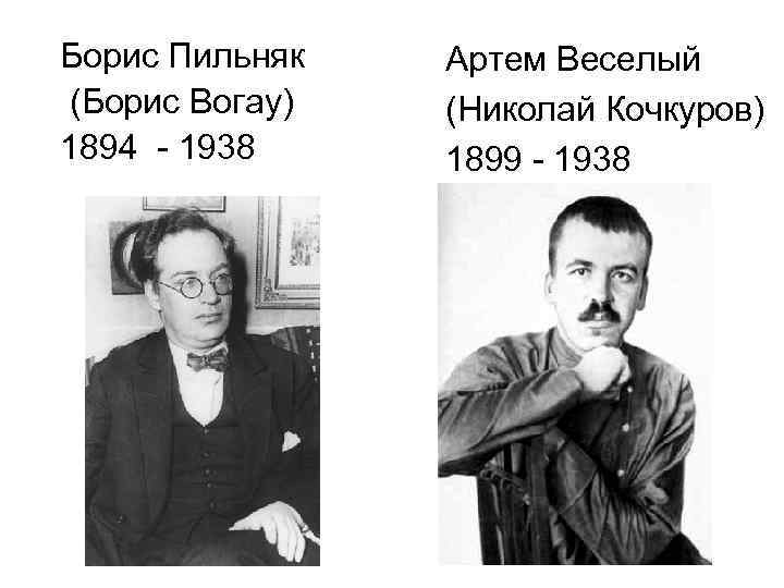 Борис Пильняк (Борис Вогау) 1894 - 1938 Артем Веселый (Николай Кочкуров) 1899 - 1938