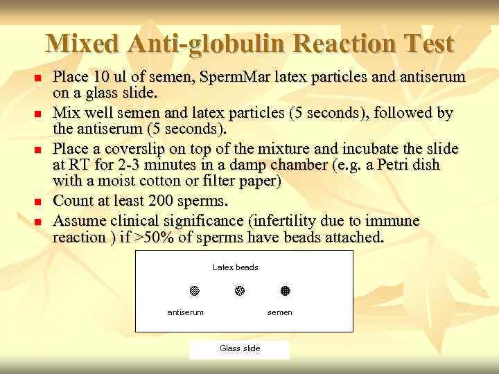 Mixed Anti-globulin Reaction Test Place 10 ul of semen, Sperm. Mar latex particles and