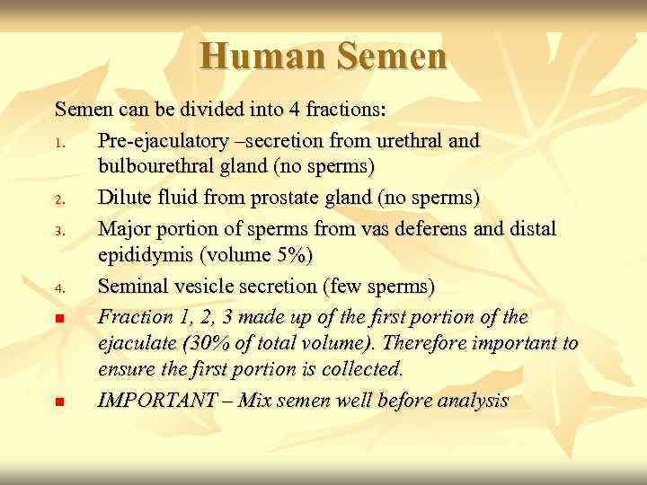 Human Semen can be divided into 4 fractions: 1. Pre-ejaculatory –secretion from urethral and