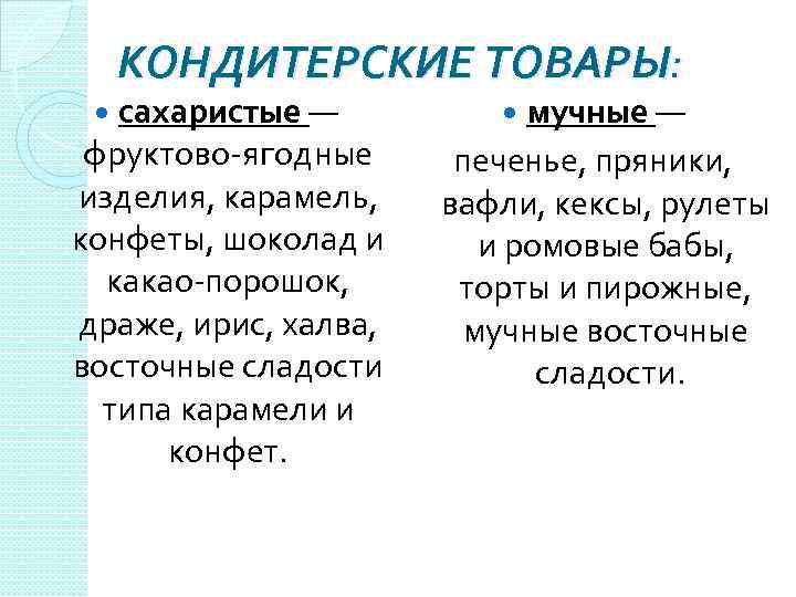 КОНДИТЕРСКИЕ ТОВАРЫ: сахаристые — фруктово-ягодные изделия, карамель, конфеты, шоколад и какао-порошок, драже, ирис, халва,