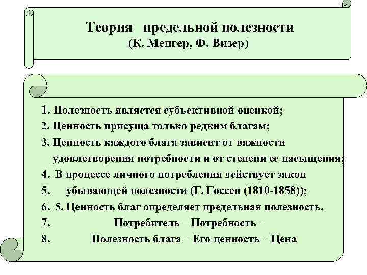 В схеме менгера используются следующие методы измерения полезности товаров