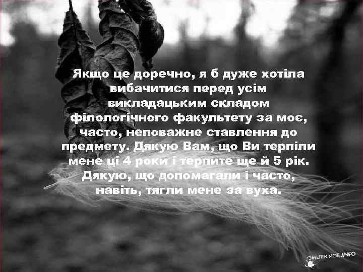 Якщо це доречно, я б дуже хотіла вибачитися перед усім викладацьким складом філологічного факультету