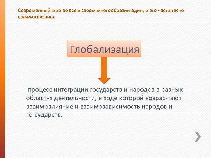 Современный мир во всем своем многообразии един, и его части тесно взаимосвязаны. Глобализация процесс