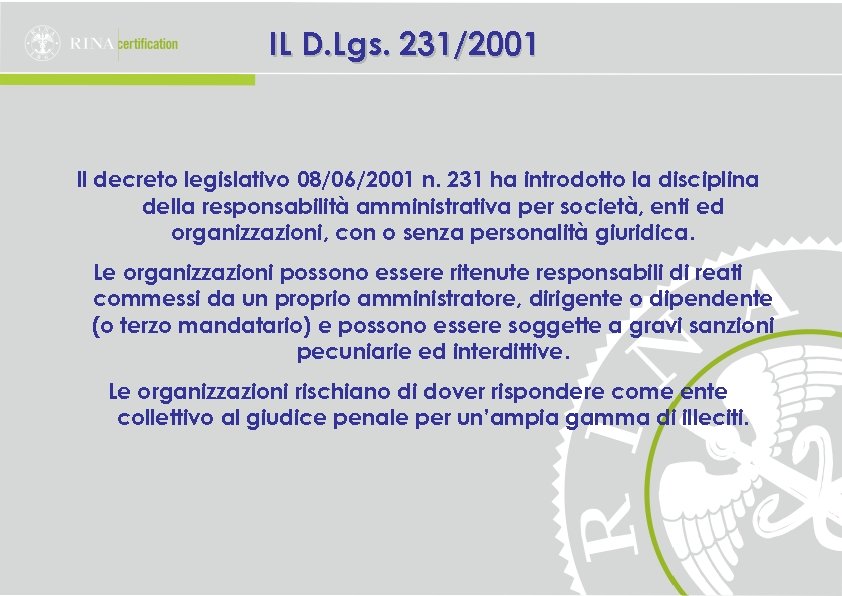 IL D. Lgs. 231/2001 Il decreto legislativo 08/06/2001 n. 231 ha introdotto la disciplina