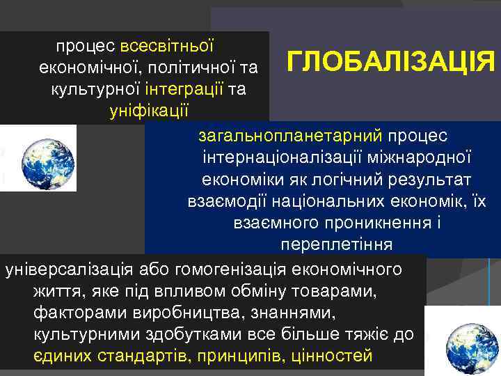 процес всесвітньої економічної, політичної та ГЛОБАЛІЗАЦІЯ культурної інтеграції та уніфікації загальнопланетарний процес інтернаціоналізації міжнародної