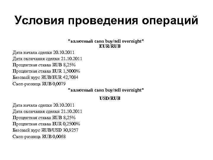 Условия проведения операций "валютный своп buy/sell overnight" EUR/RUB Дата начала сделки 20. 10. 2011