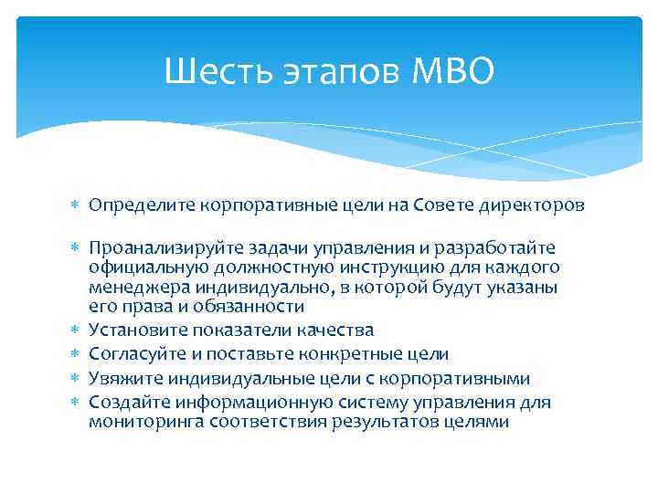 Шесть этапов MBO Определите корпоративные цели на Совете директоров Проанализируйте задачи управления и разработайте