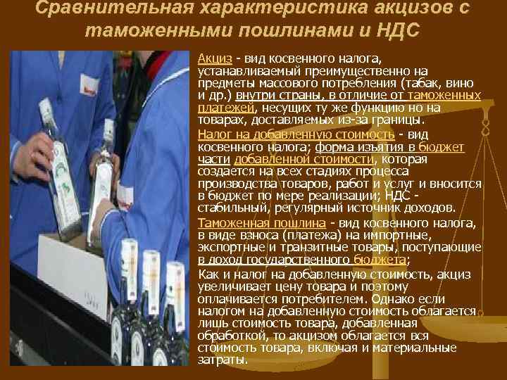 Сравнительная характеристика акцизов с таможенными пошлинами и НДС n n n Акциз вид косвенного