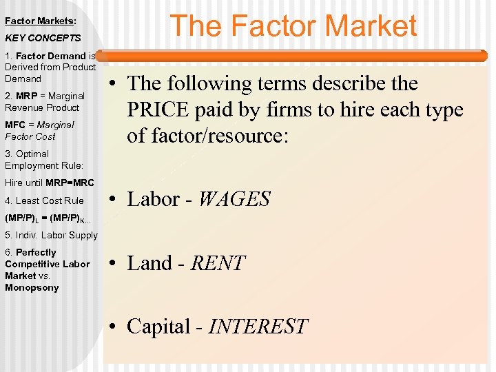 Factor Markets: KEY CONCEPTS 1. Factor Demand is Derived from Product Demand 2. MRP