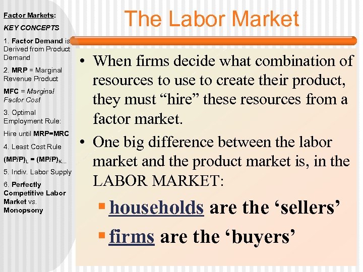 Factor Markets: KEY CONCEPTS 1. Factor Demand is Derived from Product Demand 2. MRP