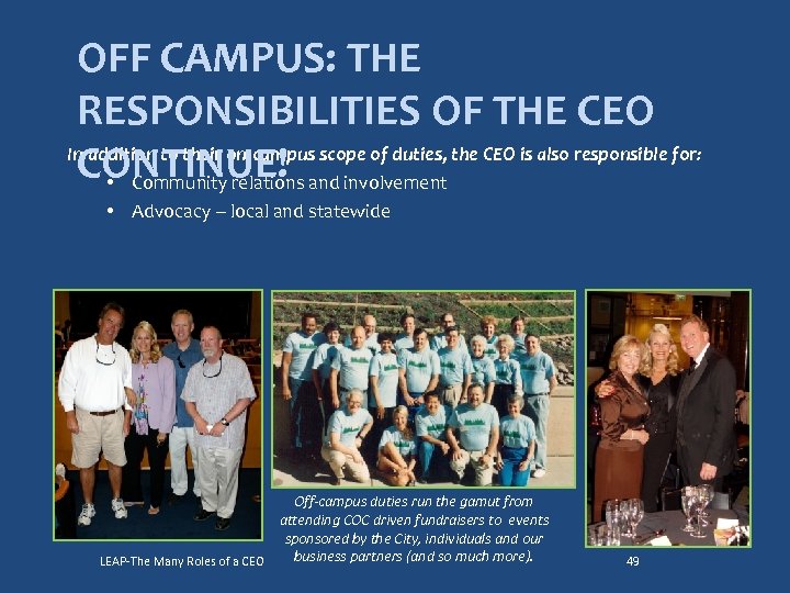 OFF CAMPUS: THE RESPONSIBILITIES OF THE CEO In addition to their on-campus scope of