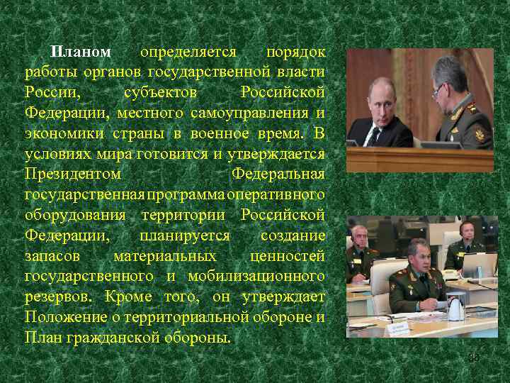 Планом определяется порядок работы органов государственной власти России, субъектов Российской Федерации, местного самоуправления и