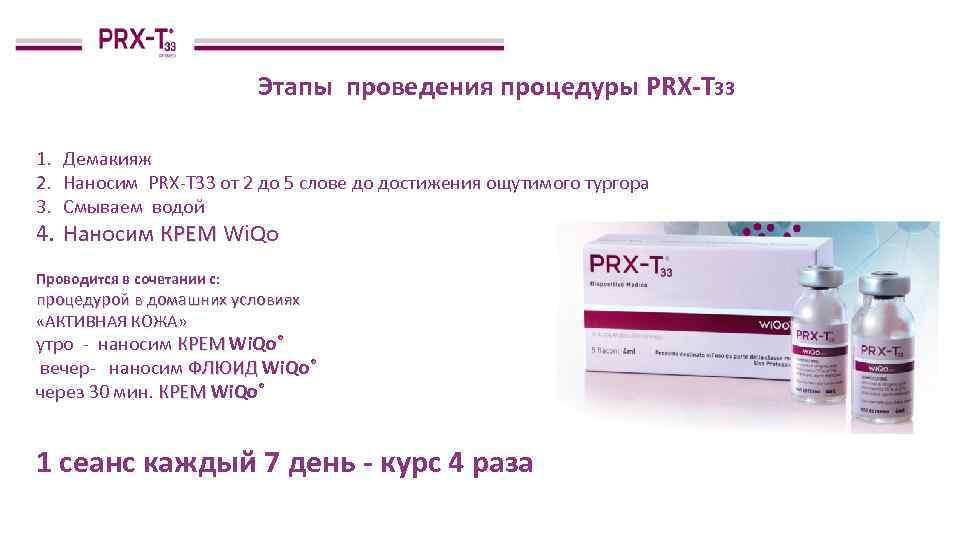 Этапы проведения процедуры PRX-T 33 1. Демакияж 2. Наносим PRX-T 33 от 2 до