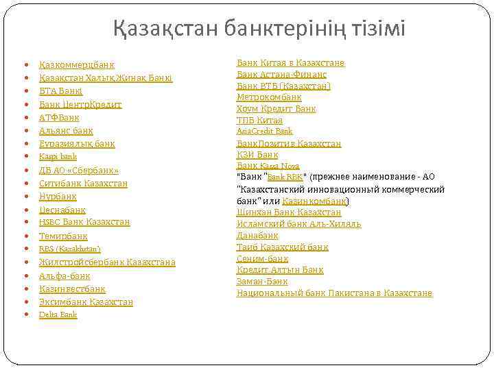 Қазақстан банктерінің тізімі Қазкоммерцбанк Қазақстан Халық Жинақ Банкі БТА Банкі Банк Центр. Кредит АТФБанк