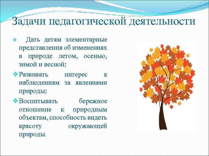 Задачи педагогической деятельности Дать детям элементарные представления об изменениях в природе летом, осенью, зимой
