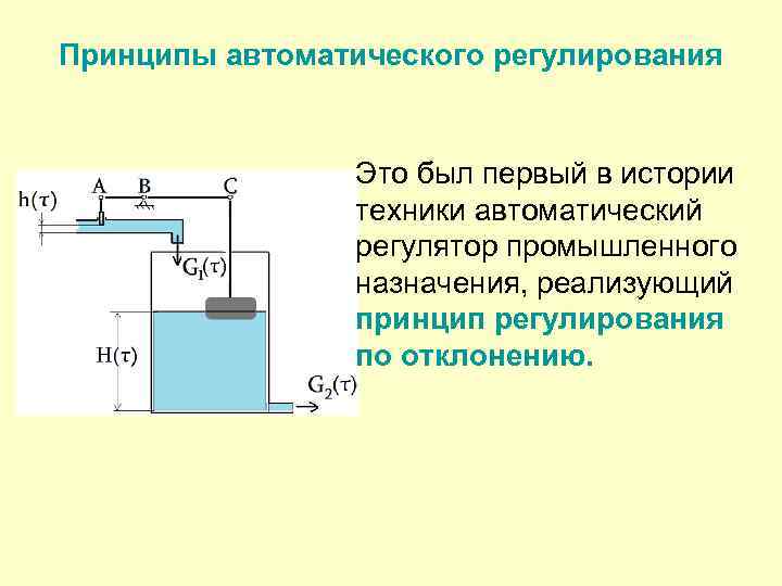 Принципы автоматического регулирования Это был первый в истории техники автоматический регулятор промышленного назначения, реализующий