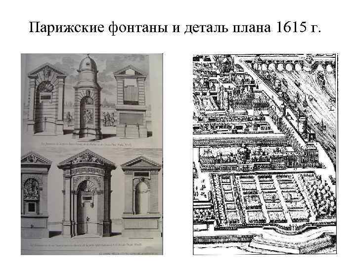 Парижские фонтаны и деталь плана 1615 г. 