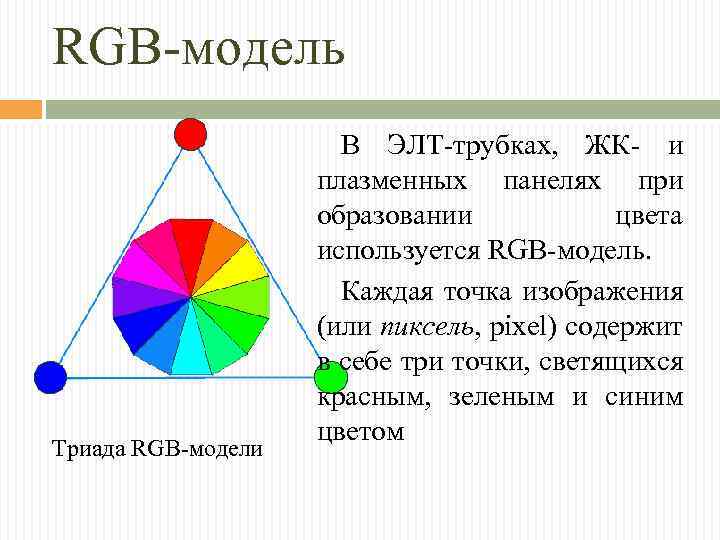 RGB-модель Триада RGB-модели В ЭЛТ-трубках, ЖК- и плазменных панелях при образовании цвета используется RGB-модель.