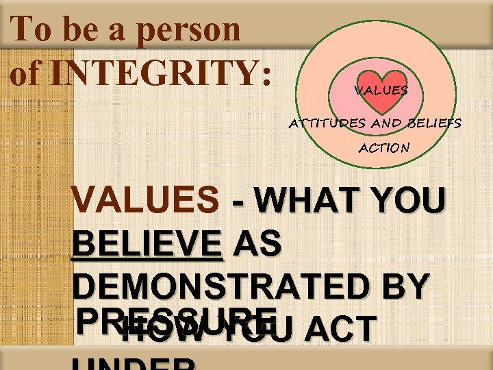 To be a person of INTEGRITY: VALUES ATTITUDES AND BELIEFS ACTION VALUES - WHAT
