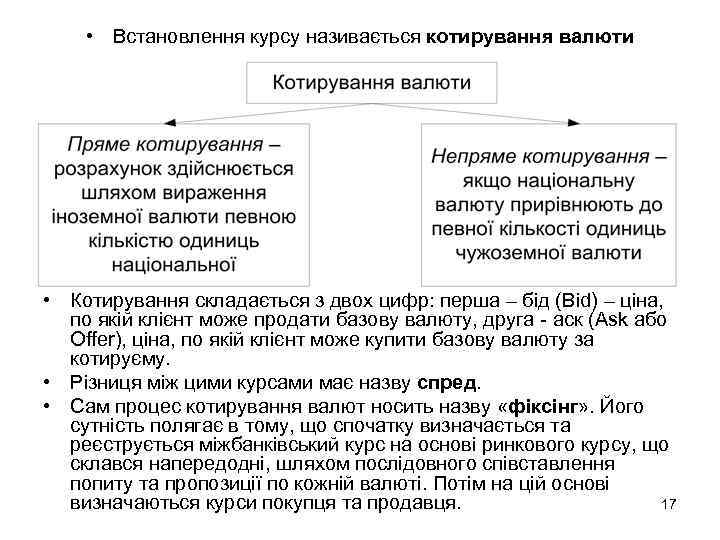  • Встановлення курсу називається котирування валюти • Котирування складається з двох цифр: перша