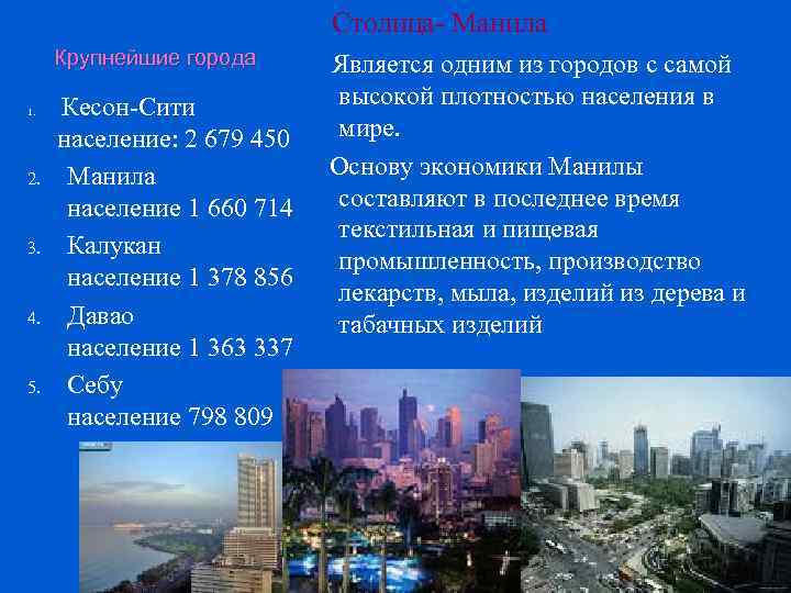 Столица- Манила Крупнейшие города 1. 2. 3. 4. 5. Кесон-Сити население: 2 679 450
