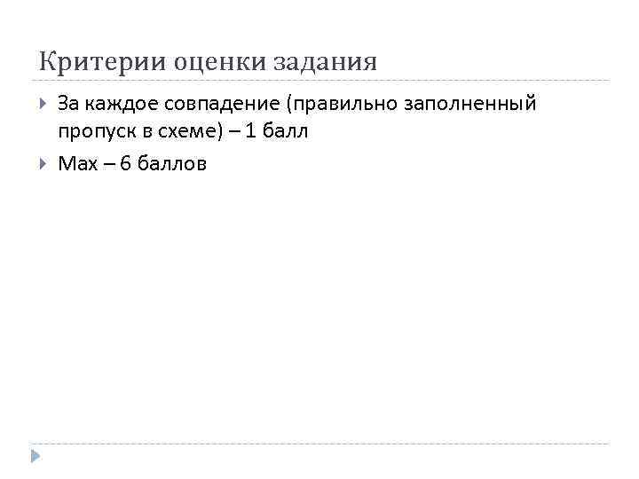 Критерии оценки задания За каждое совпадение (правильно заполненный пропуск в схеме) – 1 балл