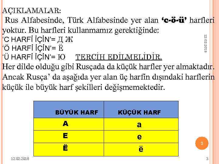 AÇIKLAMALAR: 12. 02. 2018 Rus Alfabesinde, Türk Alfabesinde yer alan ‘c-ö-ü’ harfleri yoktur. Bu