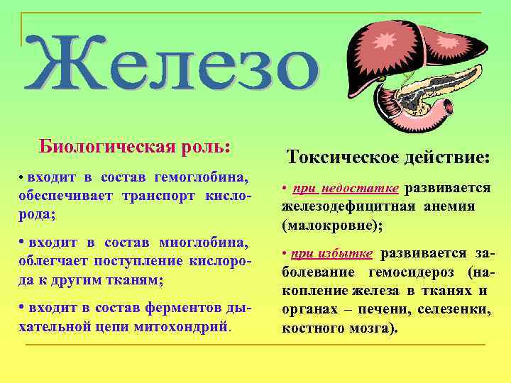 Биологическая роль: • входит в состав гемоглобина, обеспечивает транспорт кислорода; • входит в состав