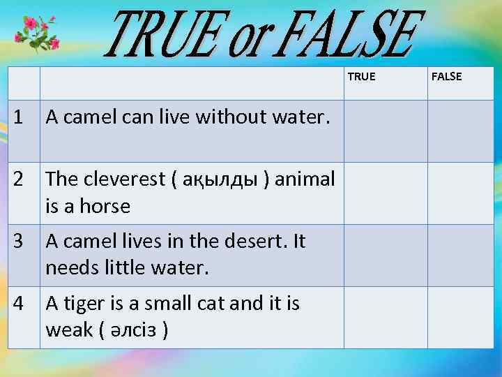 TRUE 1 A camel can live without water. 2 The cleverest ( ақылды )