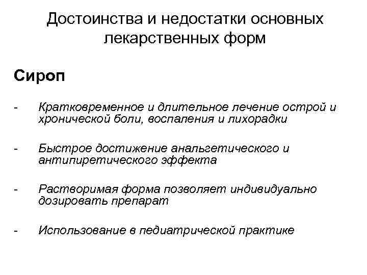 Достоинства и недостатки основных лекарственных форм Сироп - Кратковременное и длительное лечение острой и