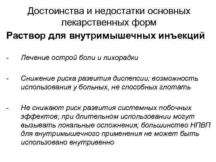 Достоинства и недостатки основных лекарственных форм Раствор для внутримышечных инъекций - Лечение острой боли