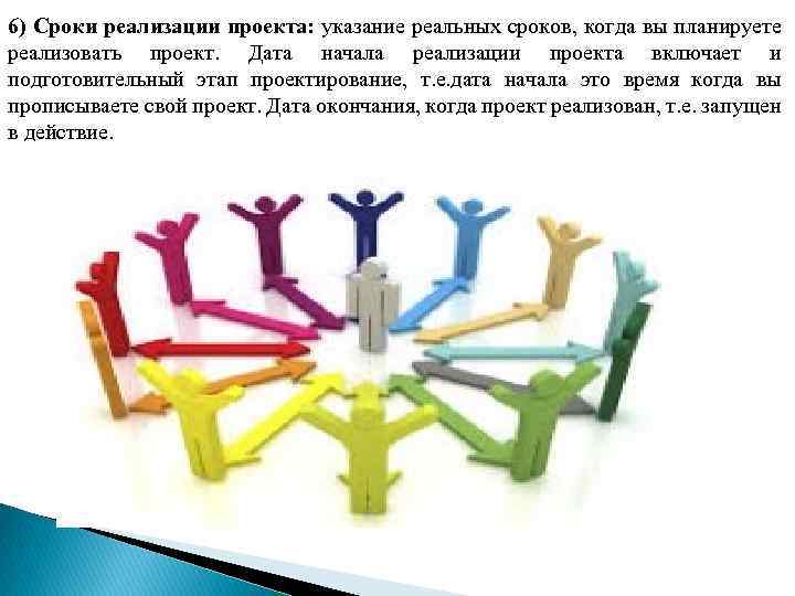 6) Сроки реализации проекта: указание реальных сроков, когда вы планируете реализовать проект. Дата начала