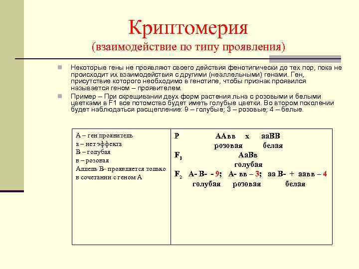 Криптомерия (взаимодействие по типу проявления) n n Некоторые гены не проявляют своего действия фенотипически
