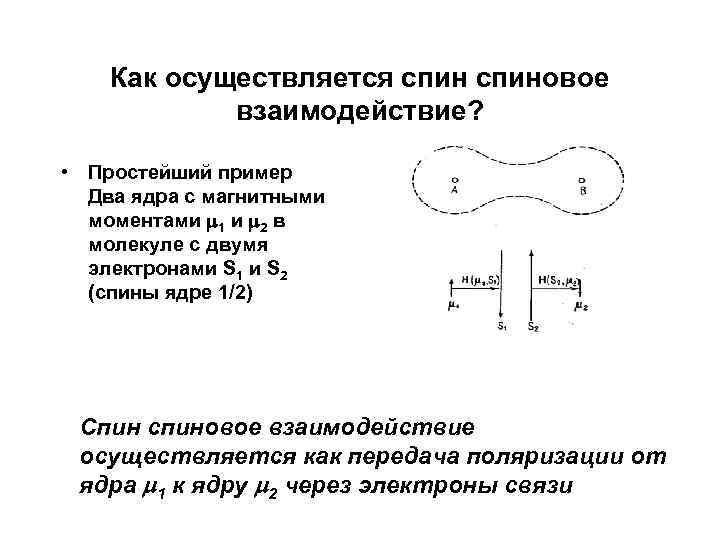 Как осуществляется спиновое взаимодействие? • Простейший пример Два ядра с магнитными моментами 1 и