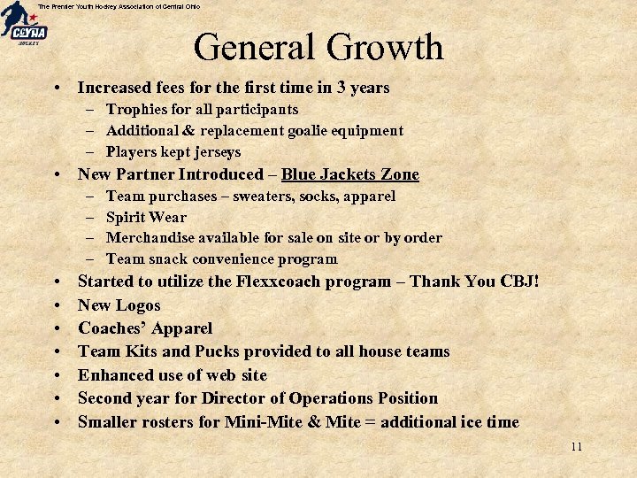 The Premier Youth Hockey Association of Central Ohio General Growth • Increased fees for
