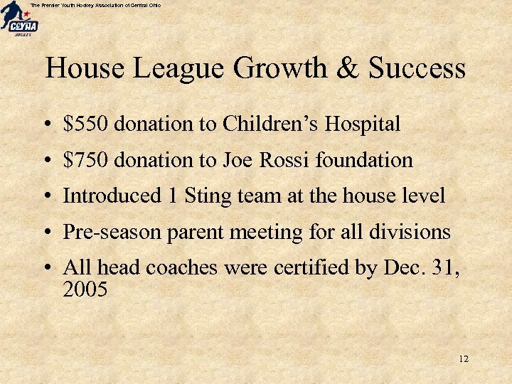 The Premier Youth Hockey Association of Central Ohio House League Growth & Success •
