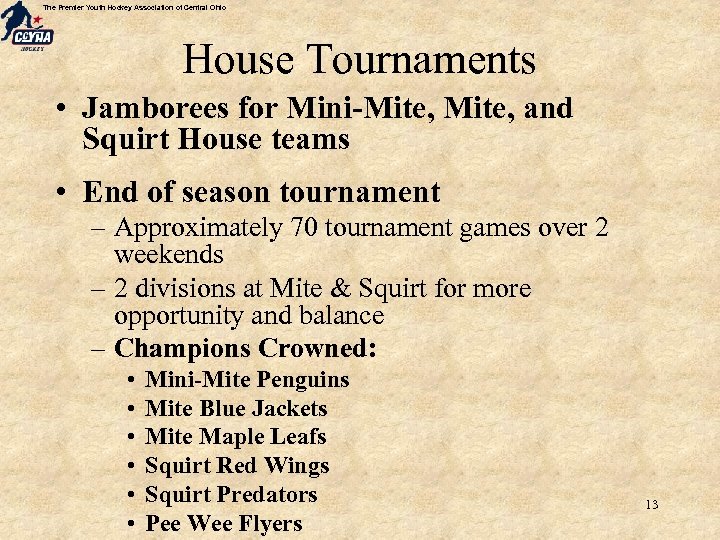 The Premier Youth Hockey Association of Central Ohio House Tournaments • Jamborees for Mini-Mite,