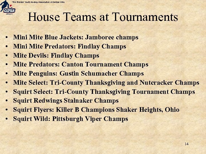 The Premier Youth Hockey Association of Central Ohio House Teams at Tournaments • •