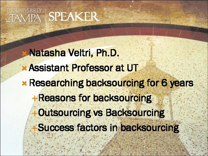 SPEAKER Natasha Veltri, Ph. D. Assistant Professor at UT Researching backsourcing for 6 years