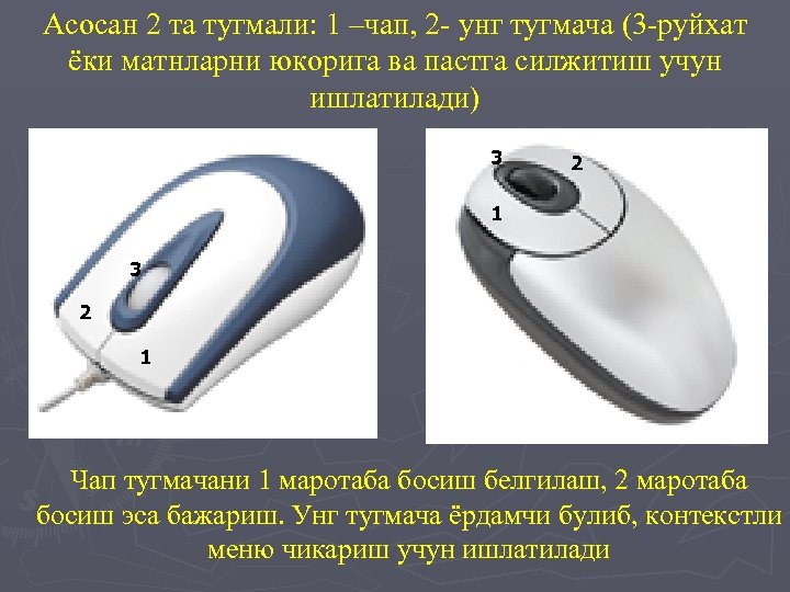 Асосан 2 та тугмали: 1 –чап, 2 - унг тугмача (3 -руйхат ёки матнларни